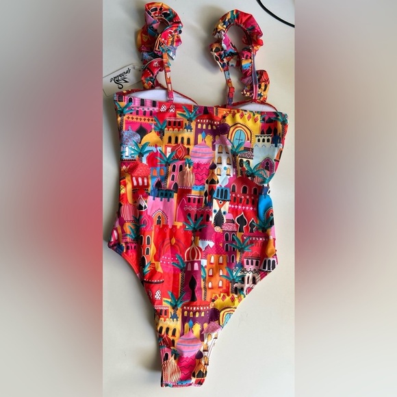 Sporlike One Piece Swimsuit Ruffle Straps Colorful New Size Small - Picture 5 of 7